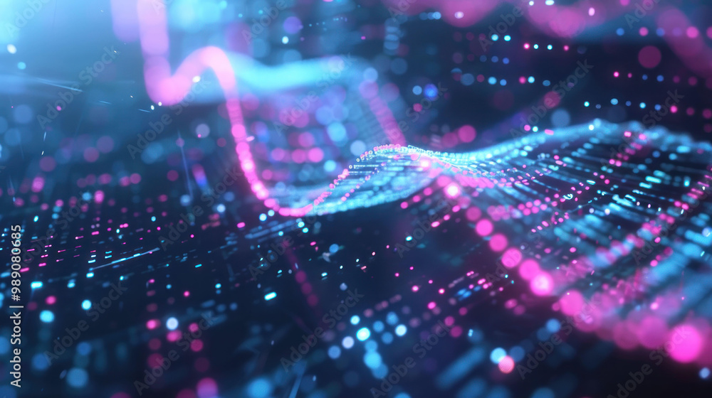 Aufkleber Vibrant digital waves of blue and pink light create mesmerizing visual effect, representing data flow and technology. This abstract image evokes sense of innovation and connectivity