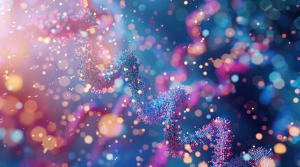 vibrant representation of DNA strands illuminated by colorful lights, showcasing intricate structure of genetic material. This image evokes sense of wonder about complexities of life