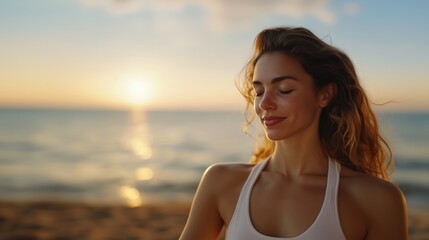 Naklejka premium Gelassenheit bei Sonnenuntergang: Frau praktiziert Yoga am Meer für inneren Frieden