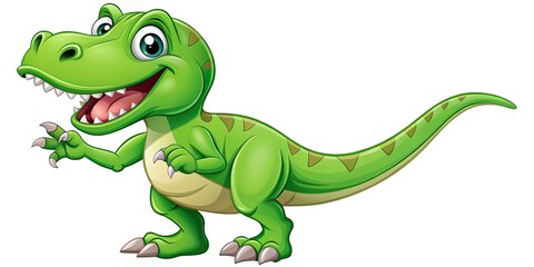 Obraz premium A bright green cartoon Tyrannosaurus Rex with big goofy eyes and a cheerful smile waves enthusiastically while standing upright on its hind legs.