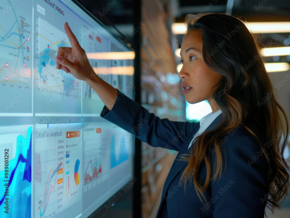 Poster professional woman analyzes data on large screen, showcasing her focus and expertise in modern offic
