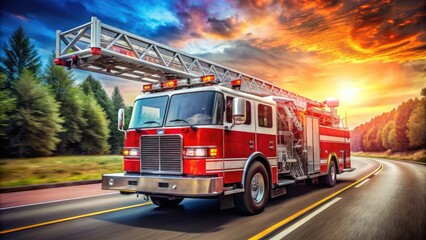 A bright red fire truck with chrome accents, ladder extended, and emergency lights flashing, speeding down the road with a sense of urgency and importance.