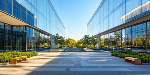 Modern Office Building Courtyard with Benches and Reflecting Pool