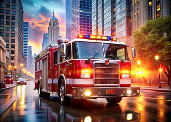 Obraz premium A bright red fire truck with flashing lights and sirens blaring rushes to the scene, its reflective surface gleaming against a blurred urban cityscape background.
