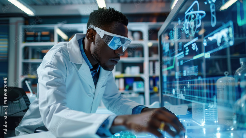 Aufkleber innovative scientist working in modern laboratory, wearing protective glasses and lab coat, engaged 