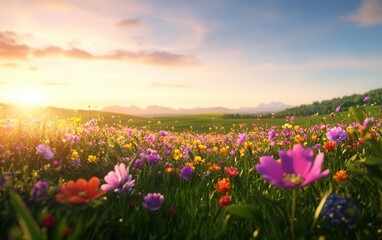 Obraz premium Vibrant spring flower meadow with colorful blossoms stretching to the horizon