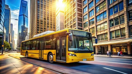 Fototapeta premium A bright yellow city bus with open doors stands at a bustling urban street corner, surrounded by towering buildings and blurred motion of passing traffic.