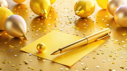 A bright yellow lottery ticket lies on a sleek, modern desk next to a shiny gold pen, surrounded by confetti and balloons, evoking excitement and possibility.