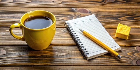 a bright yellow coffee cup sits on a rustic wooden desk beside a partially completed to-do list, surrounded by scattered office supplies.