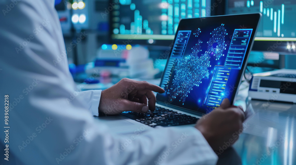 Aufkleber researcher analyzes data on laptop, showcasing digital map with glowing nodes and graphs in modern lab environment. atmosphere is focused and innovative