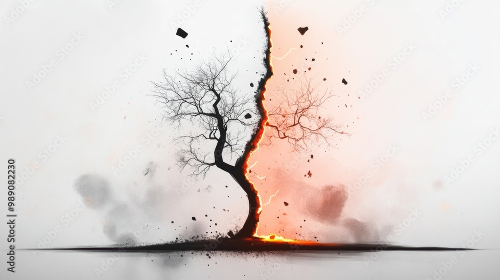 Aufkleber abstract tree with split and fiery background
