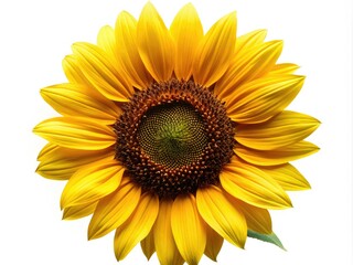 Obraz premium A bright yellow sunflower with bold, dark centers and delicate petals, set against a crisp white background, perfect for adding warmth to digital designs.