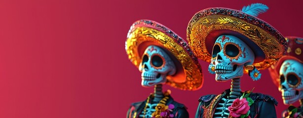 Naklejka premium Colorful skeleton figurines wear sombreros against a vibrant background, representing a festive and traditional celebration, possibly for Día de los Muertos.