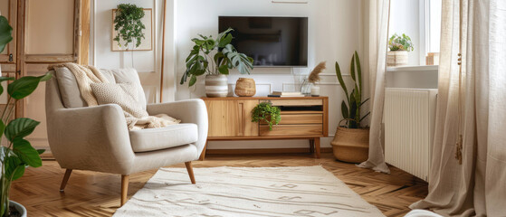 Cozy living room with comfortable armchair, plants, and wooden TV stand, creating warm and inviting atmosphere. Natural light enhances serene decor