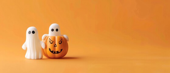 Halloween ghosts with humorous pumpkin on orange background humorous Halloween ghosts, funny pumpkin, orange background