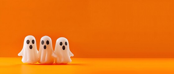 Obraz premium Halloween ghosts with funny pumpkin faces on an orange background Halloween ghosts, funny pumpkin, orange background