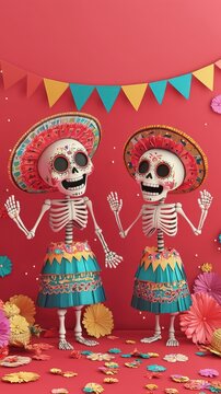 Colorful skeletons celebrate in festive attire against a vibrant backdrop, embodying a joyful, cultural theme.