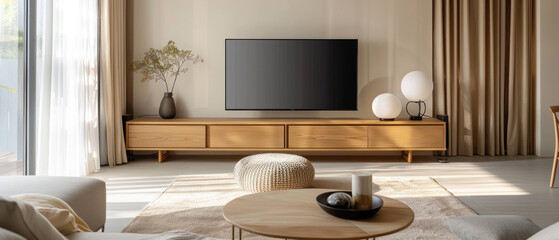 modern living room featuring wooden TV stand, large flat screen TV, and stylish decor. space is bright and inviting, with natural light enhancing warm tones of furniture