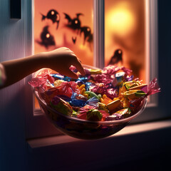 Children receiving candy on Halloween at the door of a house