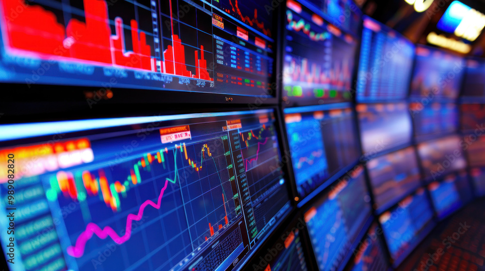 Aufkleber image showcases dynamic trading environment with multiple screens displaying stock market data, graphs, and charts. vibrant colors and fluctuating lines convey fast paced nature of financial