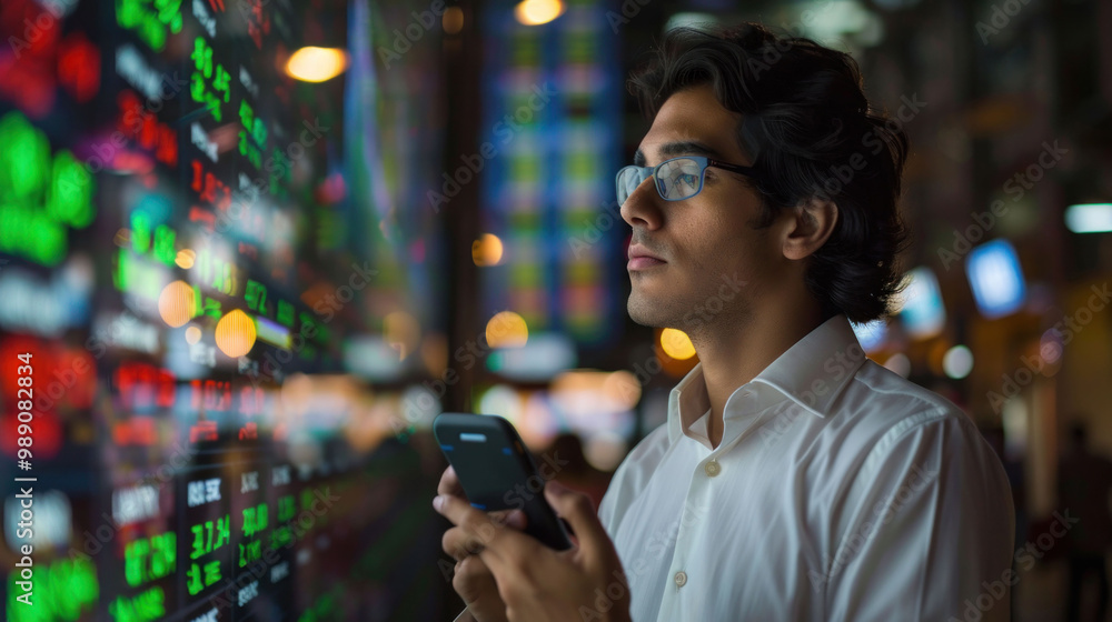 Aufkleber focused man is analyzing stock market data on digital display while using his smartphone. vibrant colors of stock prices reflect dynamic nature of financial markets
