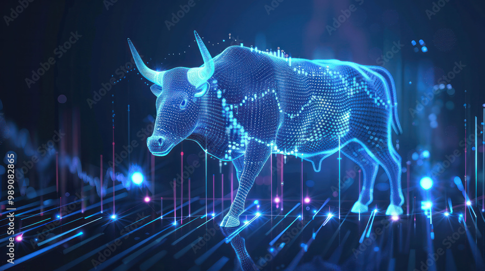 Poster digital bull symbolizing market growth and financial trends, surrounded by glowing data visualizatio