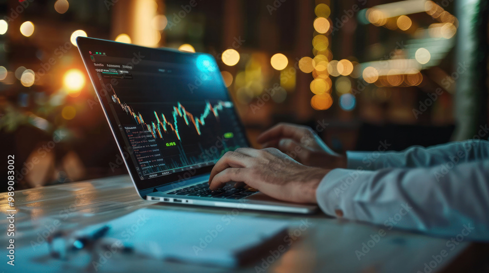 Aufkleber person is analyzing financial data on laptop, with focus on stock market trends and graphs. background features blurred cityscape with lights, creating professional and dynamic atmosphere