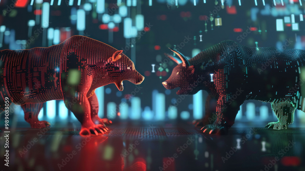Poster image depicts digital representation of bull and bear, symbolizing market trends and financial dynam