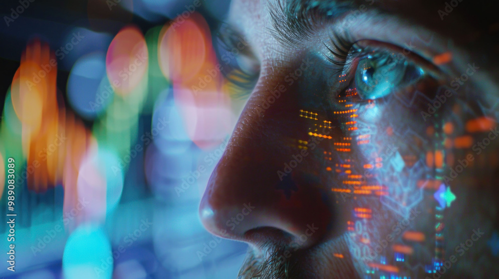 Poster image captures close up of persons eye, reflecting vibrant data visualizations and colorful bokeh lights, symbolizing technology and analytics