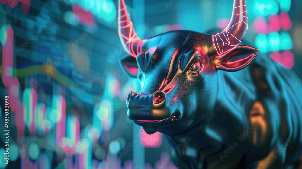 Aufkleber striking bull sculpture symbolizes market optimism and growth, set against backdrop of vibrant stock
