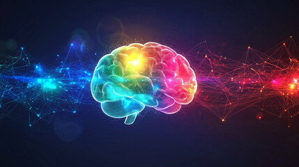 Obraz premium Abstract creative flow of ideas represented as colorful lines connecting multiple brains, idea network, collaborative business concepts 