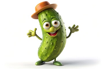 Fototapeta premium A cheerful, anthropomorphic pickle with a smiling face and green stem hat winks at the camera, surrounded by white space and playful shadows.
