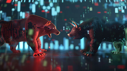 image depicts digital representation of bull and bear, symbolizing market trends and financial dynamics. vibrant colors and abstract background enhance emotional intensity of scene