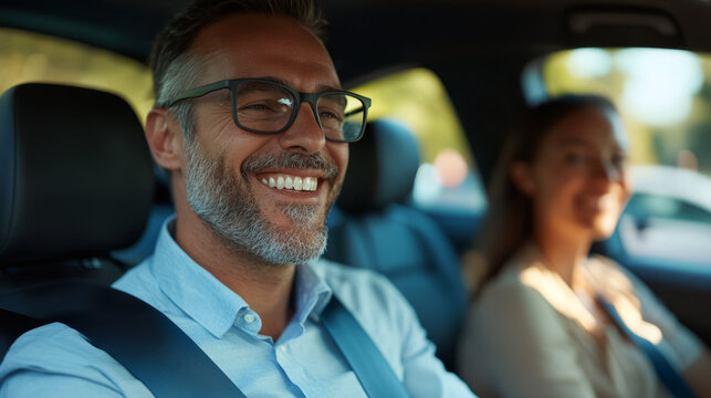 An employee carpooling program designed to reduce emissions, with business professionals sharing a ride