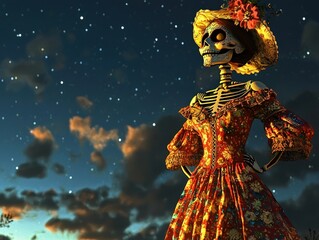 Fototapeta premium A decorated skeleton in a vibrant dress stands under a starry sky, embodying the spirit of celebration and remembrance.