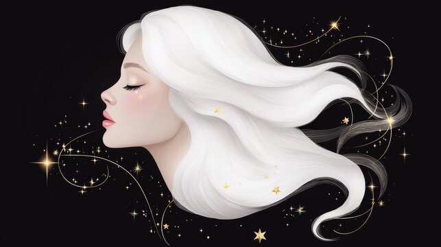 Virgo Symbolism, A stylized representation of Virgo, with delicate gold patterns and stars, capturing the zodiacs elegance and perfectionism.