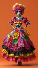 Fototapeta premium A colorful skeleton figure in a vibrant floral dress poses against an orange background, celebrating the Day of the Dead with artistic flair and cultural significance.