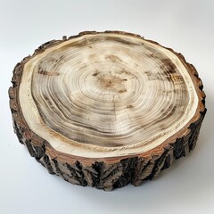 A large, circular piece of wood with a distinct pattern of rings and growth rings, indicating it is likely a piece of tree bark.