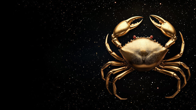 Zodiac Art - Cancer, A glowing gold crab with intricate details, set against a starry, black night sky, representing the astrological Cancer sign.