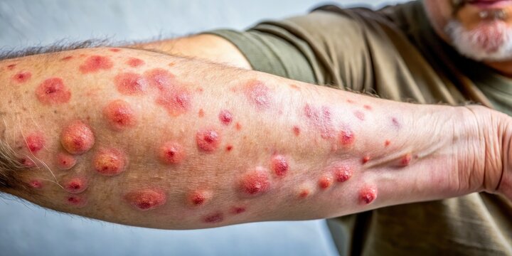 A close-up of a healthy arm showing a strong, raised skin reaction to a Mantoux test, indicating a robust immune response to tuberculin antigen.