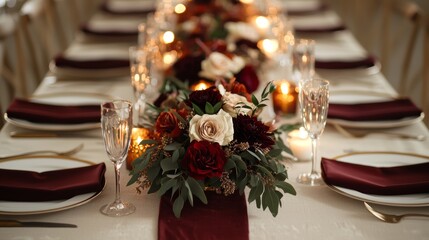 A romantic fall wedding with rich burgundy, burnt orange, and gold tones, with deep floral centerpieces, velvet tablecloths, and glowing candlelight.