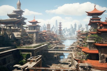 Obraz premium Futuristic oriental city background cityscape architecture building.