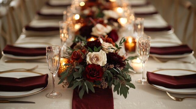 A romantic fall wedding with rich burgundy, burnt orange, and gold tones, with deep floral centerpieces, velvet tablecloths, and glowing candlelight.