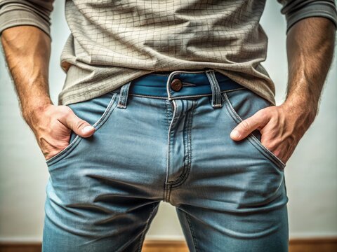 A close-up of a person's crotch area, showcasing a prominent bulge in the pants, creating a humorous and awkward visual effect in a casual setting.