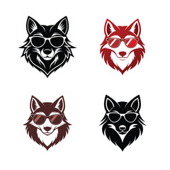 4 difference stylized logo wolf with sunglasses, edgy silhuette vecto