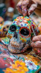 Hand-Painted Sugar Skull with Intricate Floral Patterns for Día de los Muertos Celebration