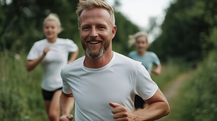 Fototapeta premium Familienzusammenhalt bei einem Lauf durch die Natur in Deutschland für die Frühlingsfitness