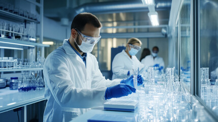 Scientists researching in a clean lab, working on climate action solutions related to SDG 13