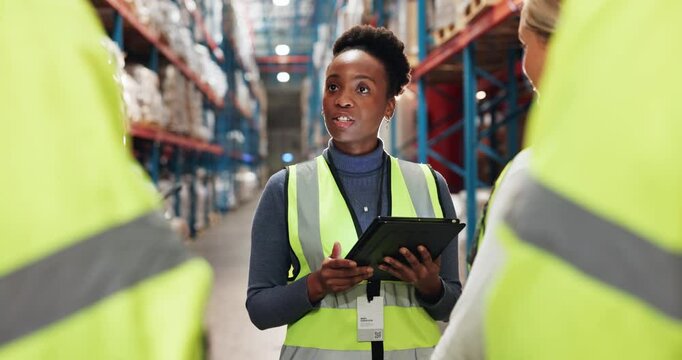 Manager, tablet and meeting in warehouse for inspection, compliance and safety training with people. Teamwork, logistics and tour for supply chain industry, project briefing and inventory management