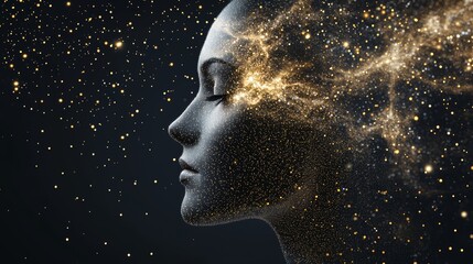 Cosmic Virgo, A celestial Virgo figure, her face framed by starlight and golden constellations, representing the zodiac's precision and care.